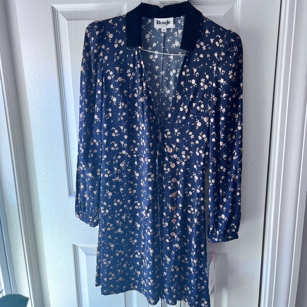 Rouje Gabinette Wrap Dress in Roses Bicolores Navy Blue Gold Floral Mini EU 36